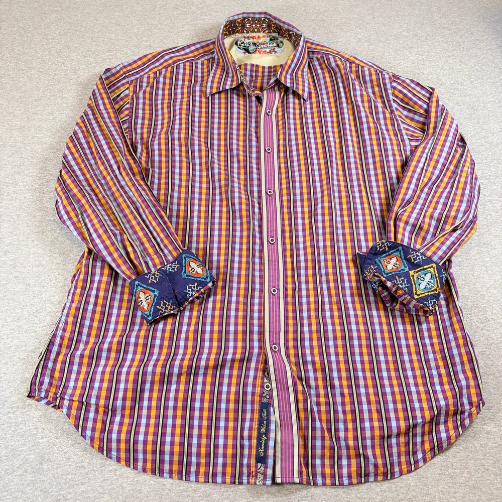 Robert Graham Button Up Shirt Mens 3XL Purple Embroidered Cuffs Long Sleeve